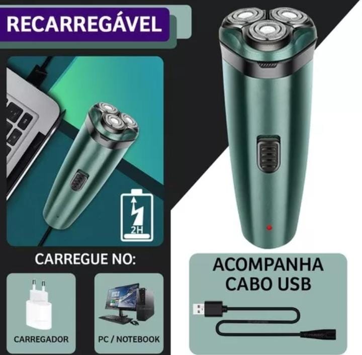 Barbeador Elétrico 3 Lâminas Sem Fio Recarregável