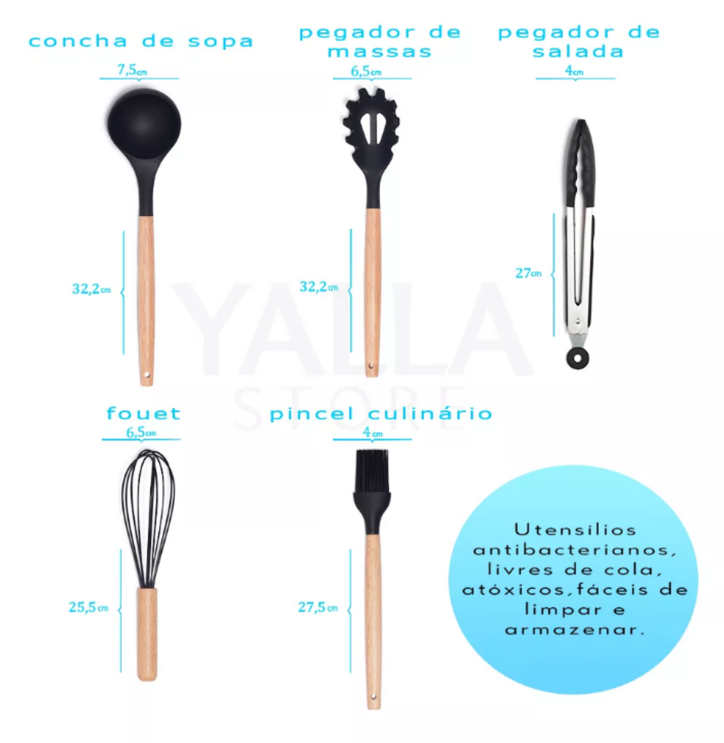 Jogo com 12 Peças de Utensílios Silicone Colher Espátula Concha