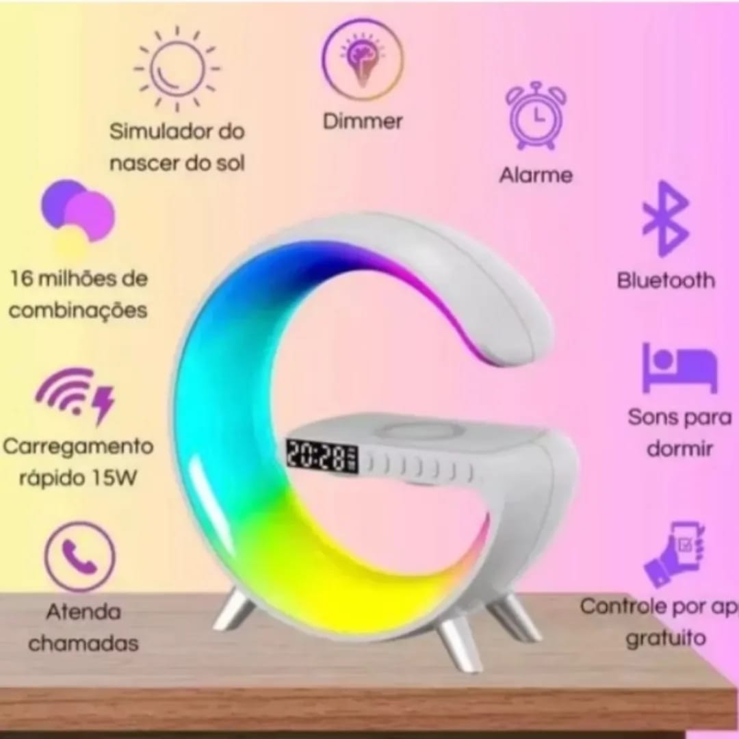 Luminária G Led RGB Com Carregador De Indução Despertador E Áudio Bluetooth