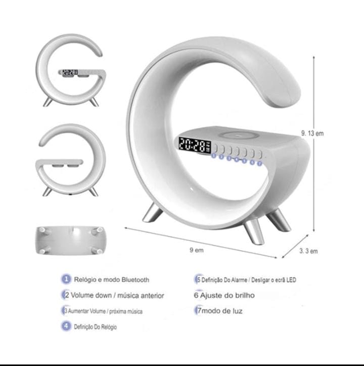 Luminária G Led RGB Com Carregador De Indução Despertador E Áudio Bluetooth