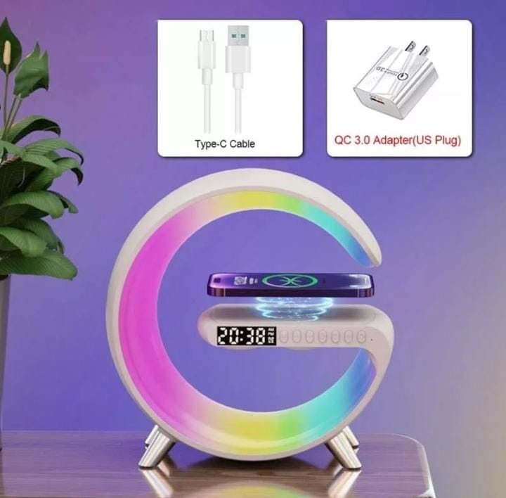 Luminária G Led RGB Com Carregador De Indução Despertador E Áudio Bluetooth